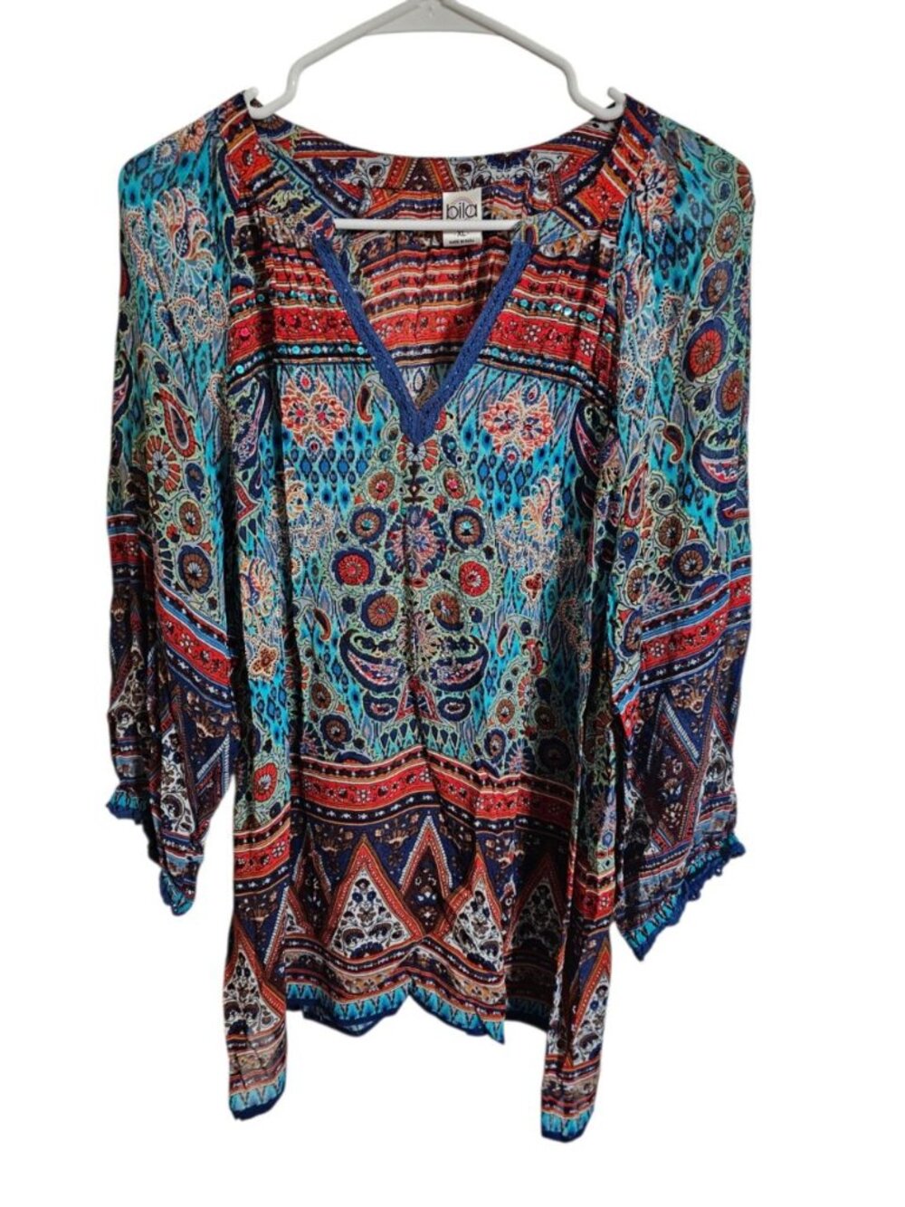 Bila Women XL Tunic Blue Multi Paisley Festival Boho Archival Rare Statement HTF - Picture 2 of 7